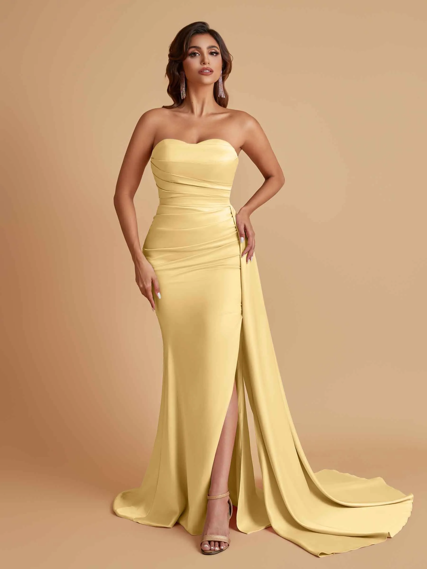 Simple Soft Satin Mermaid Strapless Floor-Length Mermaid Bridesmaid Dresses