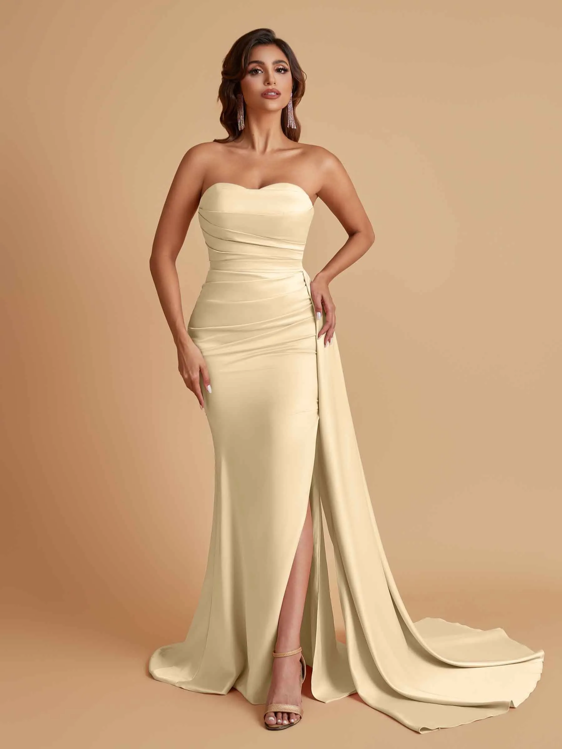 Simple Soft Satin Mermaid Strapless Floor-Length Mermaid Bridesmaid Dresses