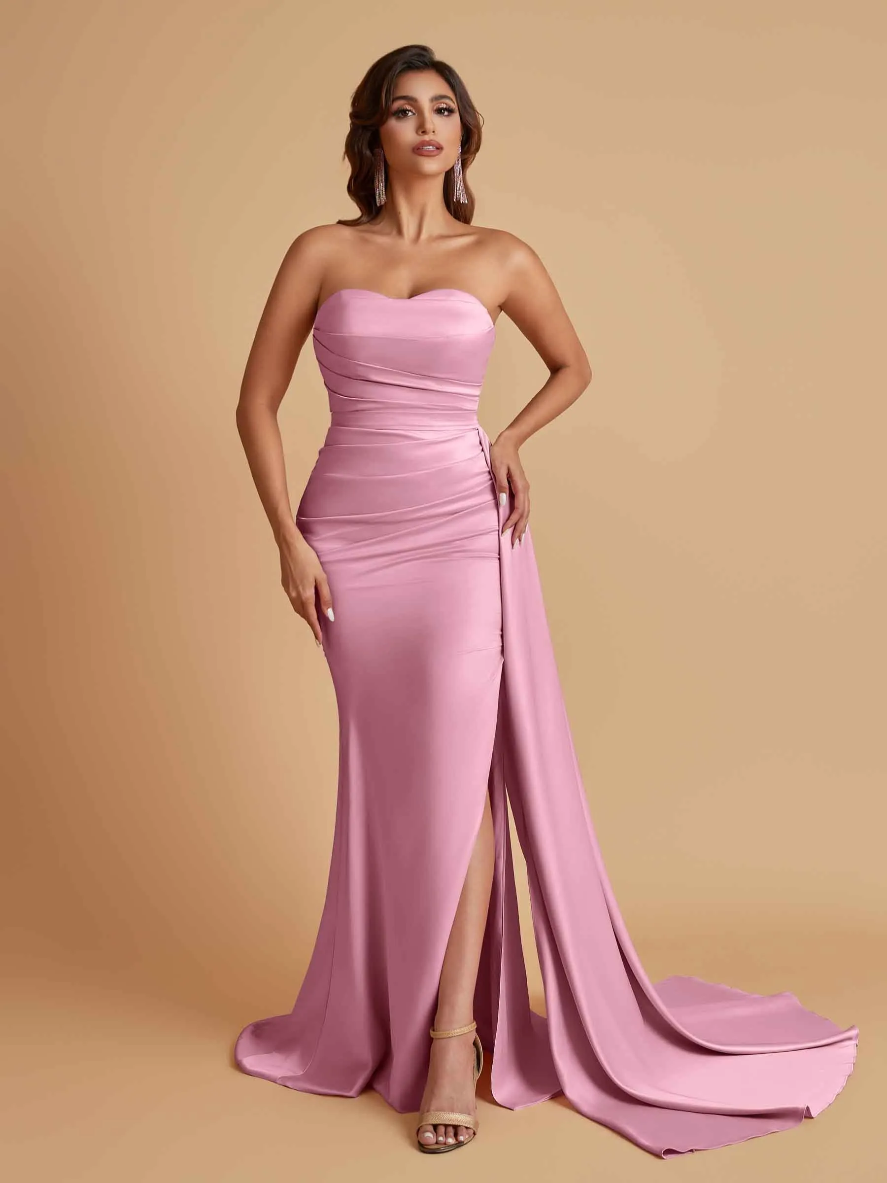 Simple Soft Satin Mermaid Strapless Floor-Length Mermaid Bridesmaid Dresses