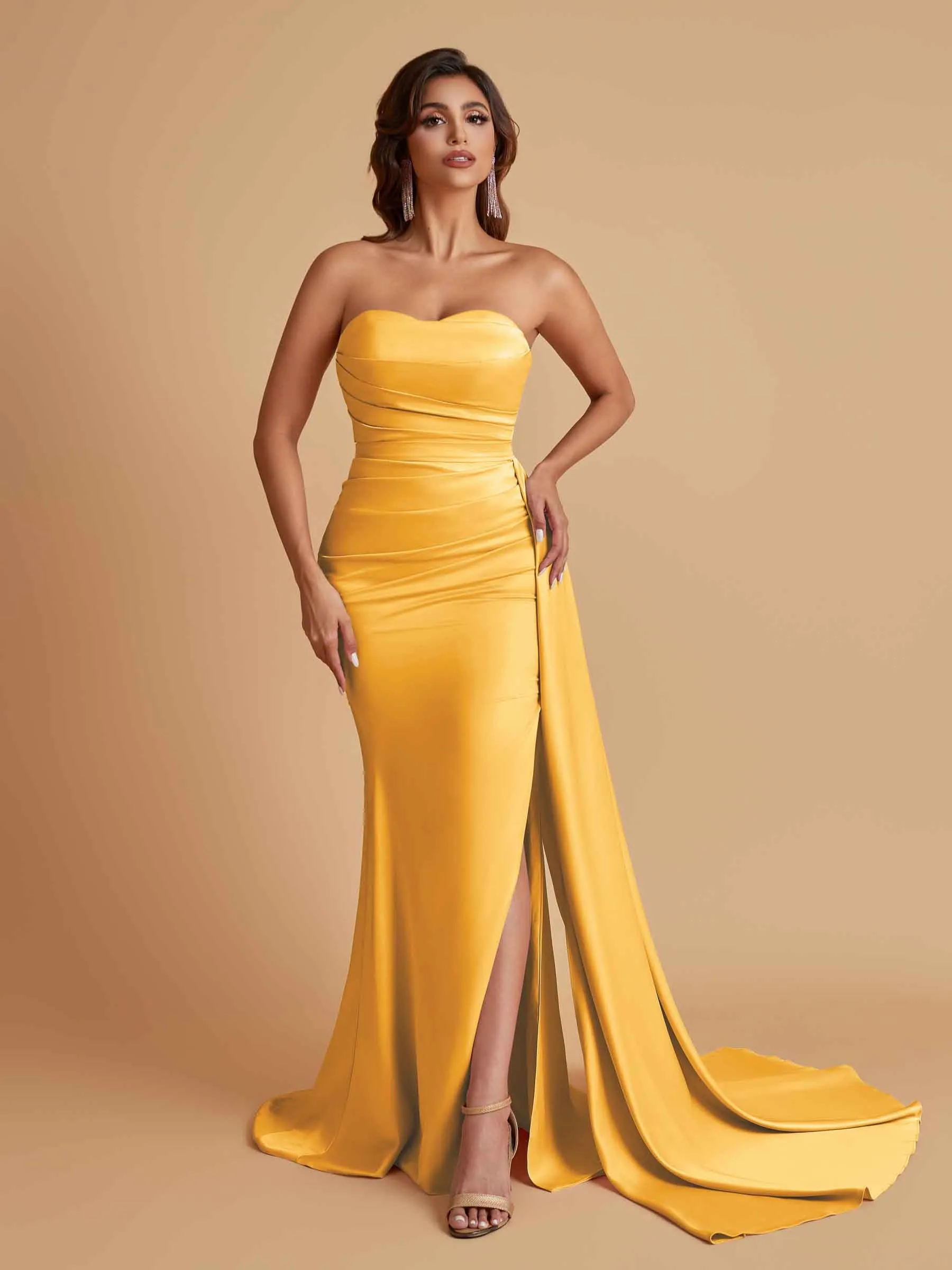 Simple Soft Satin Mermaid Strapless Floor-Length Mermaid Bridesmaid Dresses