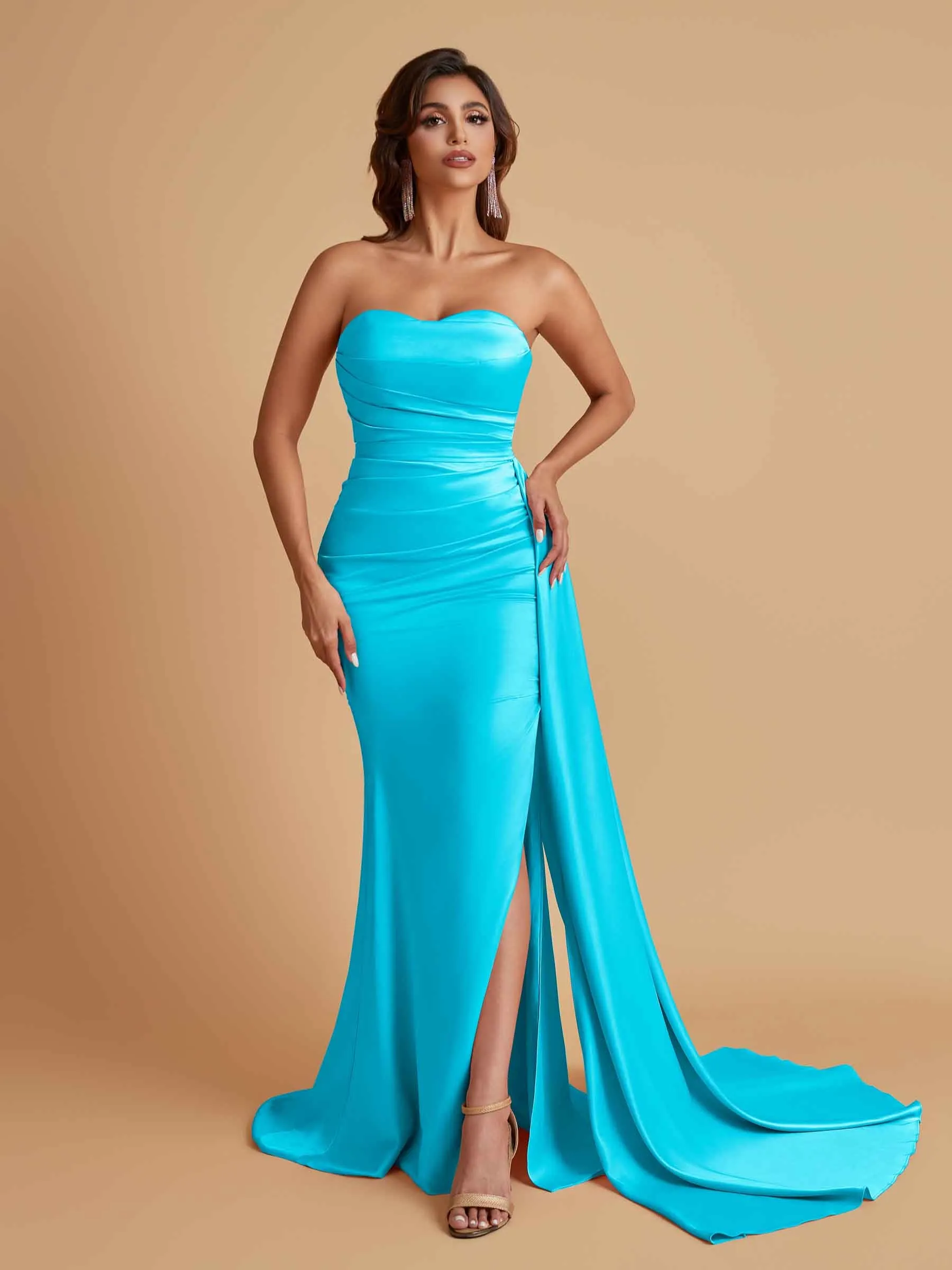 Simple Soft Satin Mermaid Strapless Floor-Length Mermaid Bridesmaid Dresses