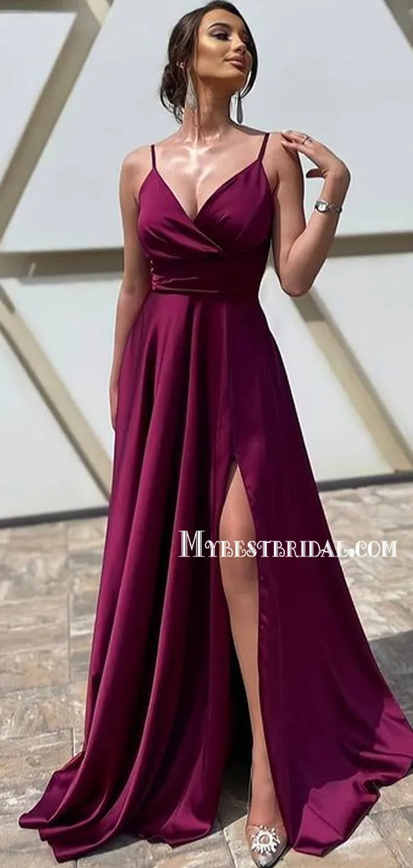 Simple Spaghetti Strap Side Slit A-line Long Prom Dresses, PDS0176