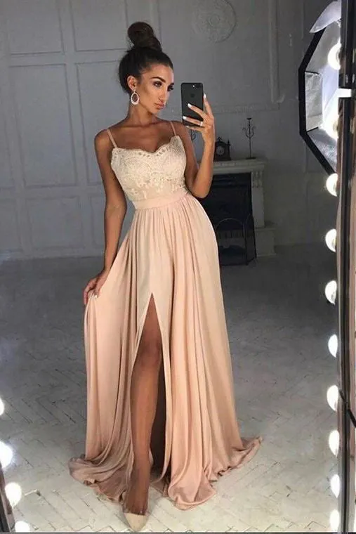 Simple Spaghetti Straps Lace Top Side Split Long A Line Prom Dress OKA7