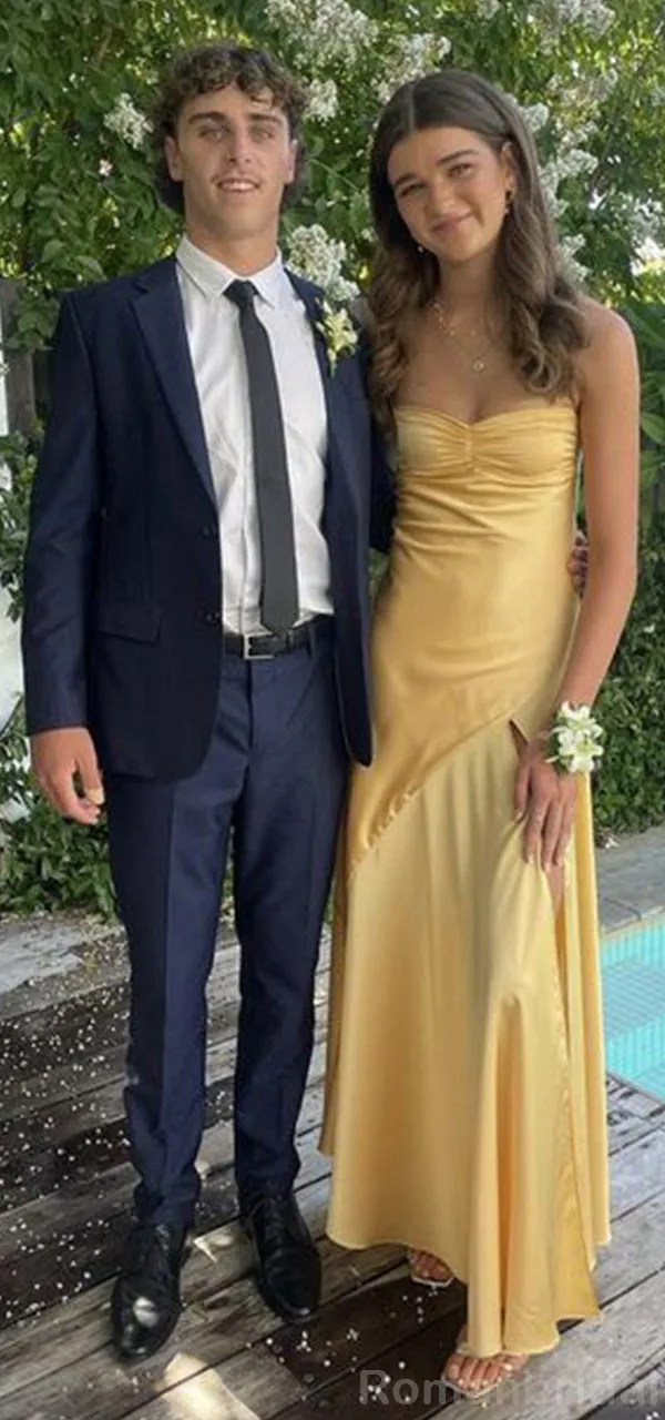 Simple Spaghetti Straps Mermaid Side Slit Yellow Long Evening Prom Dress Online, OL163