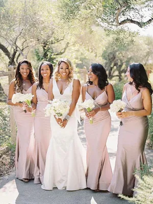 Simple Spaghetti Straps V-neck Mermaid Satin Long Bridesmaid Dresses Online, BG399