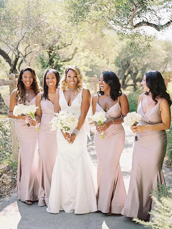 Simple Spaghetti Straps V-neck Mermaid Satin Long Bridesmaid Dresses Online, BG399