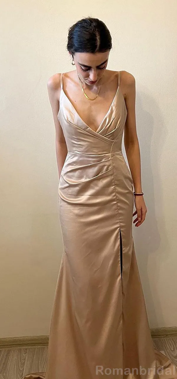 Simple Spaghetti Straps V-neck Mermaid Side Slit Taupe Satin Bridesmaid Dresses, BG484