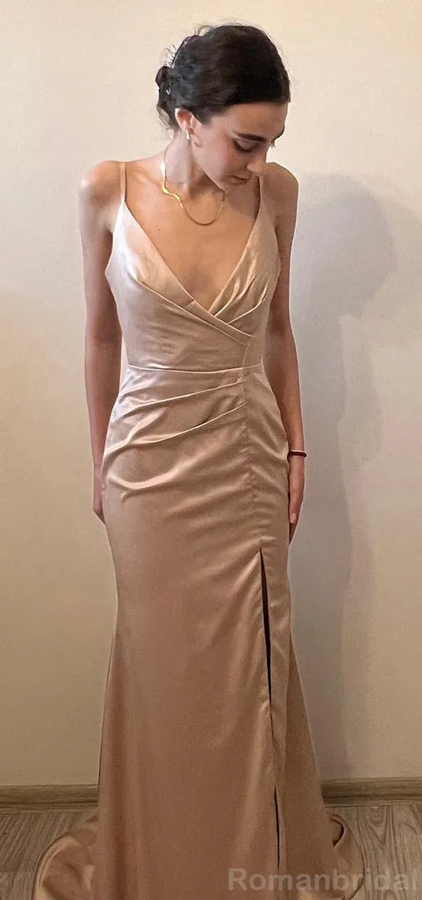 Simple Spaghetti Straps V-neck Mermaid Side Slit Taupe Satin Bridesmaid Dresses, BG484