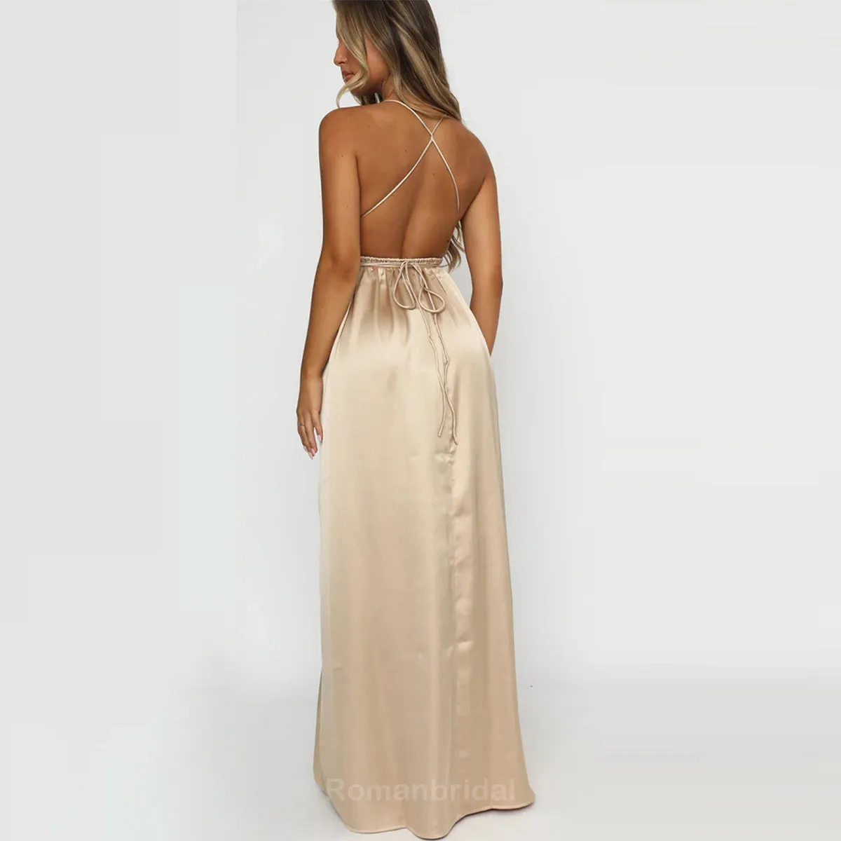 Simple Spaghetti Straps V-neck Side Slit Satin Bridesmaid Dresses, BG512