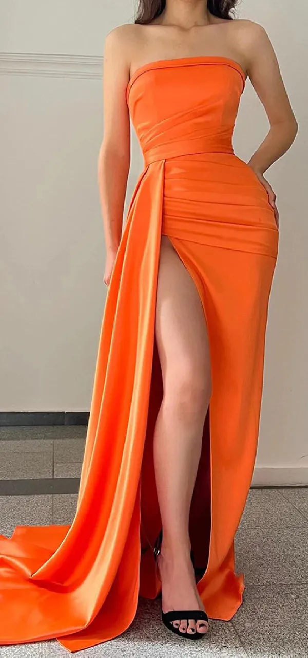 Simple Straight Neck Mermaid Side Slit Orange Satin Bridesmaid Dresses Online, BG566