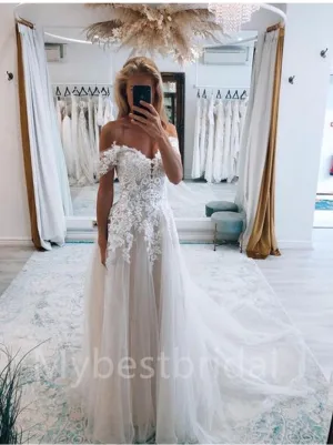 Simple Sweetheart Off-shoulder A-Line Lace Wedding Dresses, WDY0191