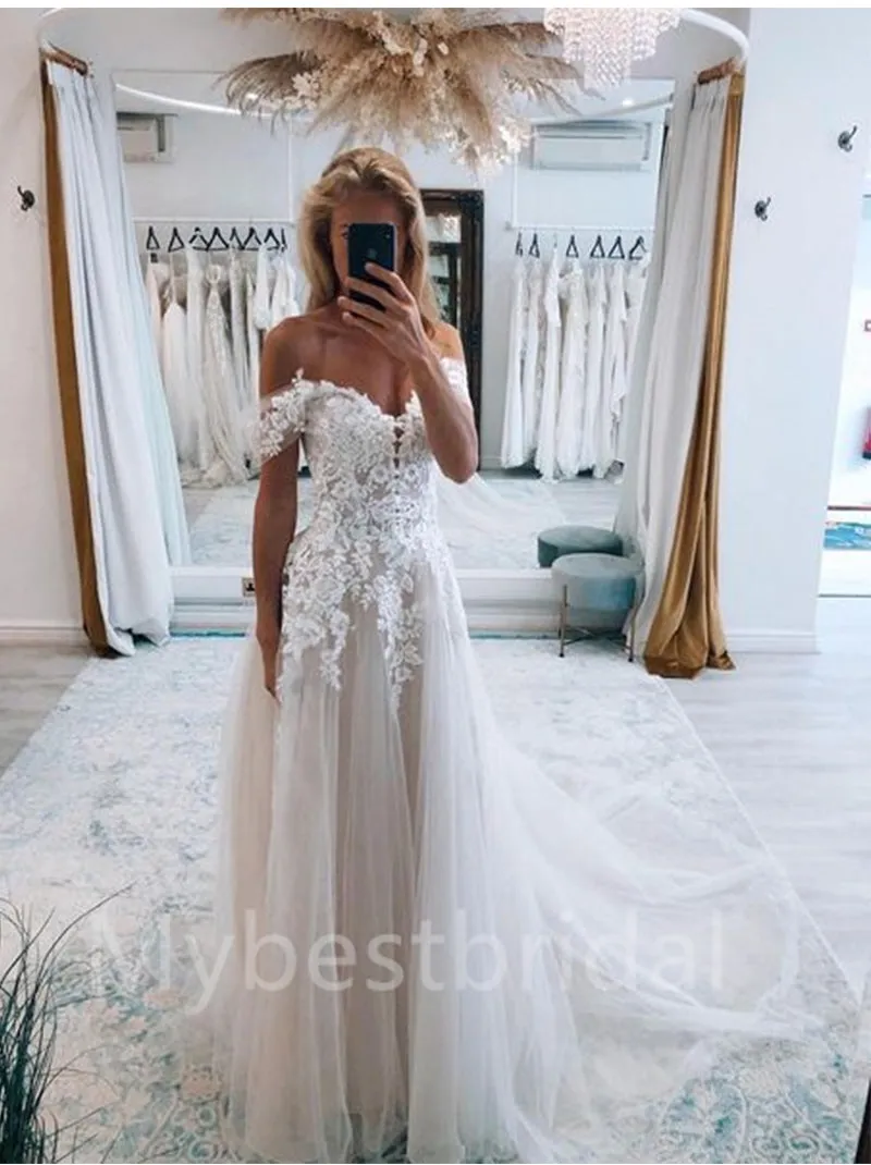 Simple Sweetheart Off-shoulder A-Line Lace Wedding Dresses, WDY0191