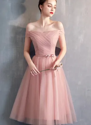 Simple Sweetheart Pink Tulle Off Shoulder Short Homecoming Dress, Pink Prom Dresses