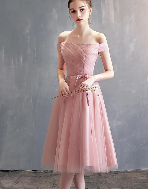 Simple Sweetheart Pink Tulle Off Shoulder Short Homecoming Dress, Pink Prom Dresses
