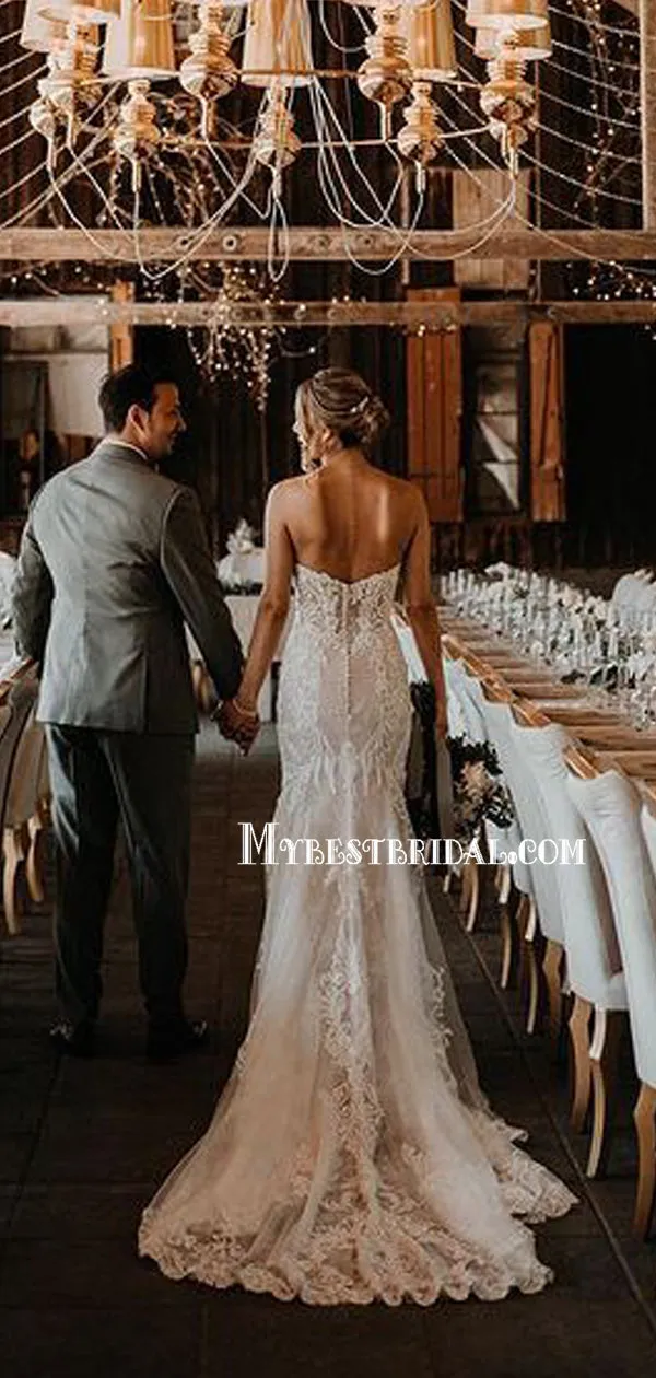 Simple Sweetheart Sleeveless Lace Appliques Long Cheap Wedding Dresses, WDS0043
