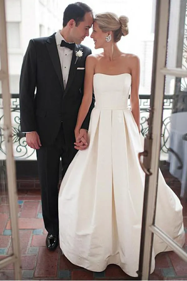 Simple Sweetheart Strapless Court Train Ivory Satin Wedding Dresses with Ruched OK565