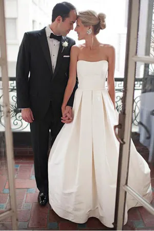 Simple Sweetheart Strapless Court Train Ivory Satin Wedding Dresses with Ruched OK565