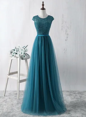 Simple Teal Blue Lace and Tulle Bridesmaid Dresss, Long Prom Dress, Party Dress