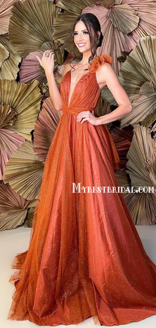Simple V-neck A-line Tulle Spaghetti Straps Long Prom Dresses Online, PDS0216