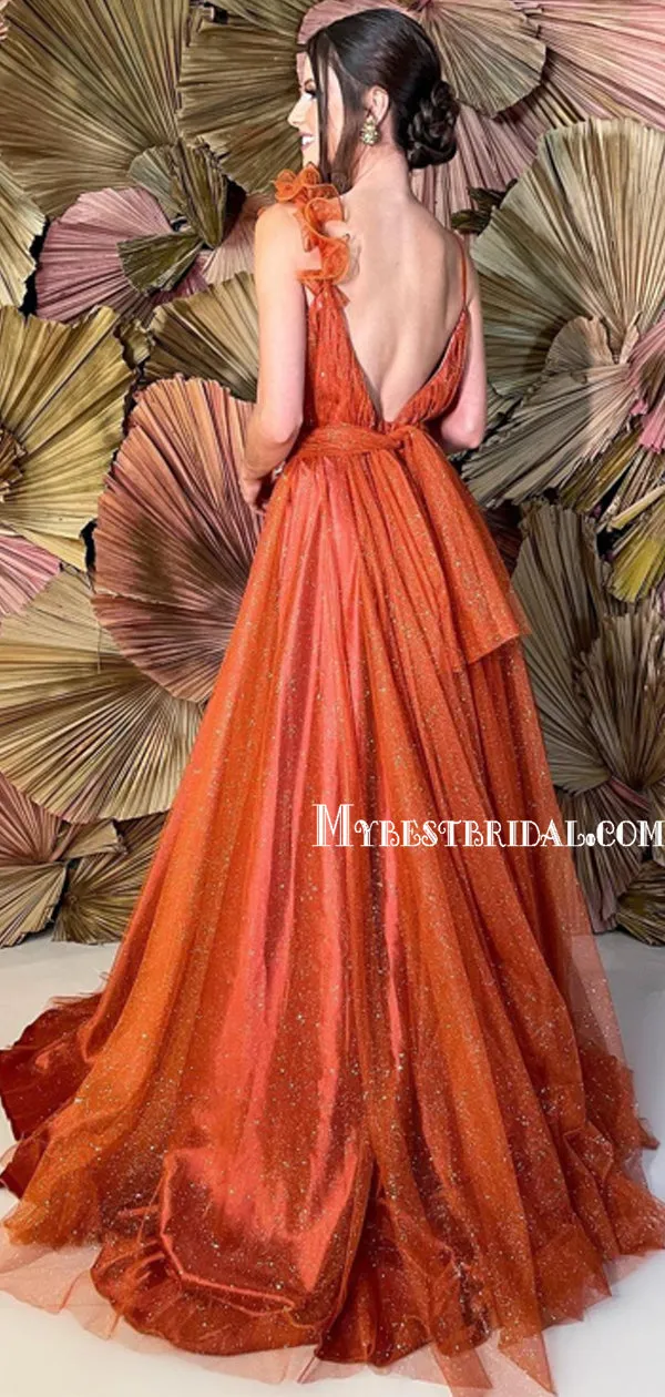 Simple V-neck A-line Tulle Spaghetti Straps Long Prom Dresses Online, PDS0216