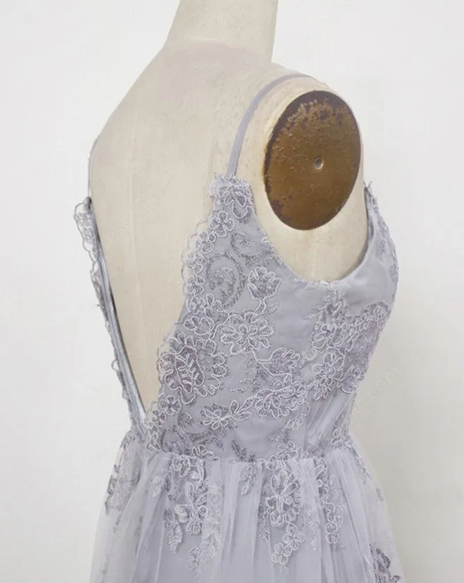 Simple V-neck Grey Spahgetti Straps Tulle Lace Long Prom Dress ,Train Dresses,PDY0363