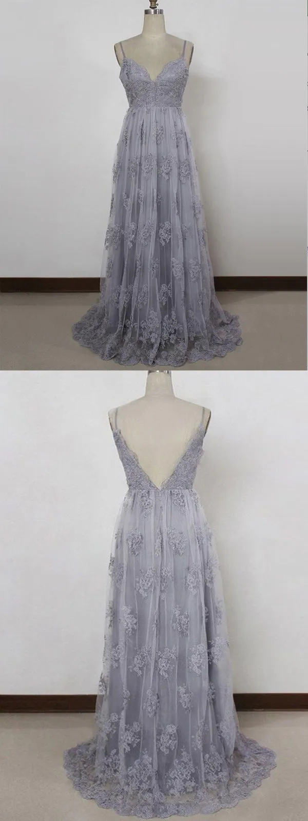Simple V-neck Grey Spahgetti Straps Tulle Lace Long Prom Dress ,Train Dresses,PDY0363