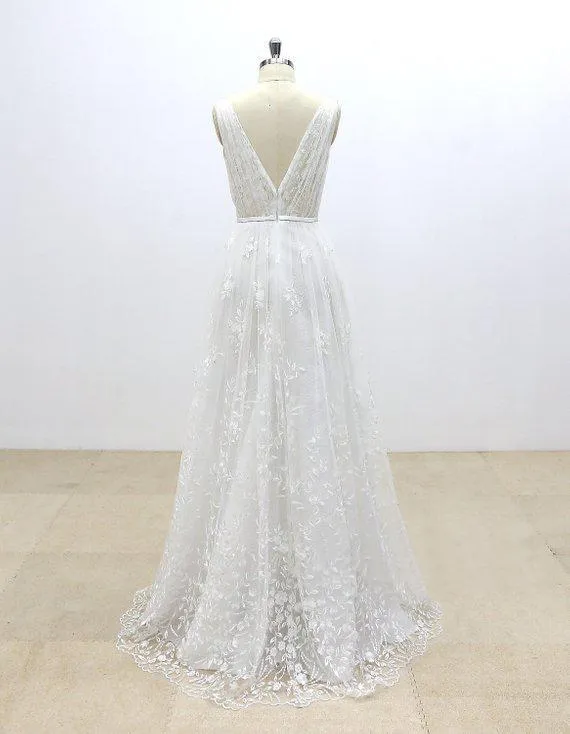 Simple V Neck Lace Cheap A-line Wedding Dresses Online, WD371
