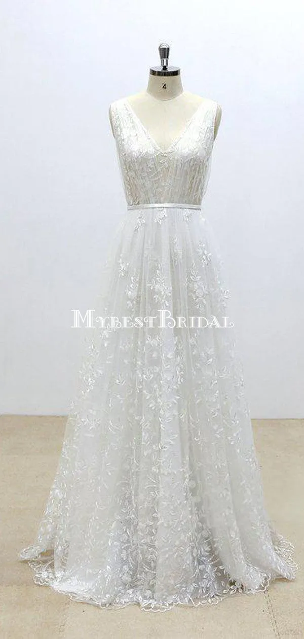 Simple V Neck Lace Cheap A-line Wedding Dresses Online, WDY0240