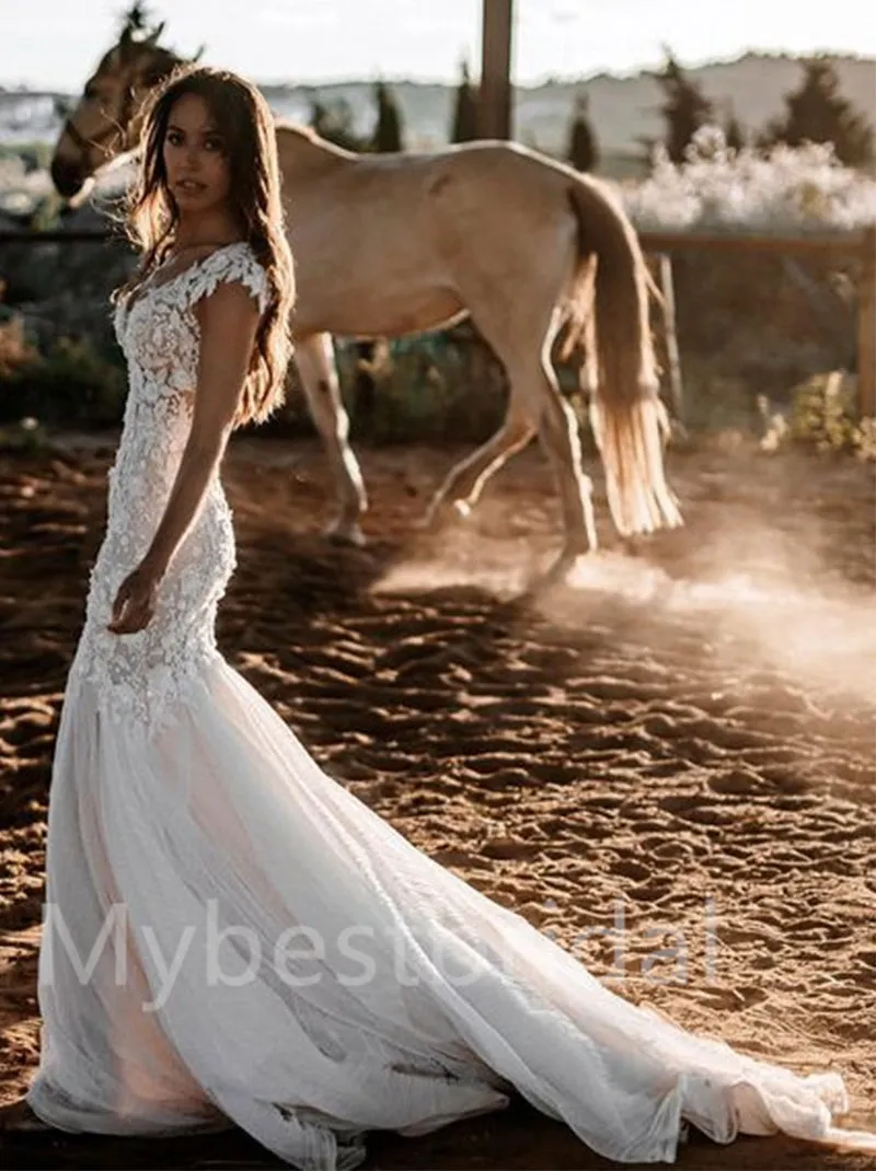 Simple V-neck Mermaid Lace applique Wedding Dresses, WDY0255