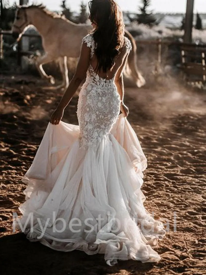 Simple V-neck Mermaid Lace applique Wedding Dresses, WDY0255