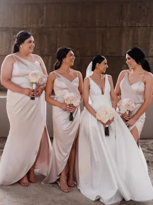 Simple V-neck Mermaid Side Slit Long Bridesmaid Dresses Online,RBWG0072