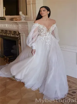 Simple V-neck Off-shoulder A-line Lace applique Wedding Dresses, WDY0257