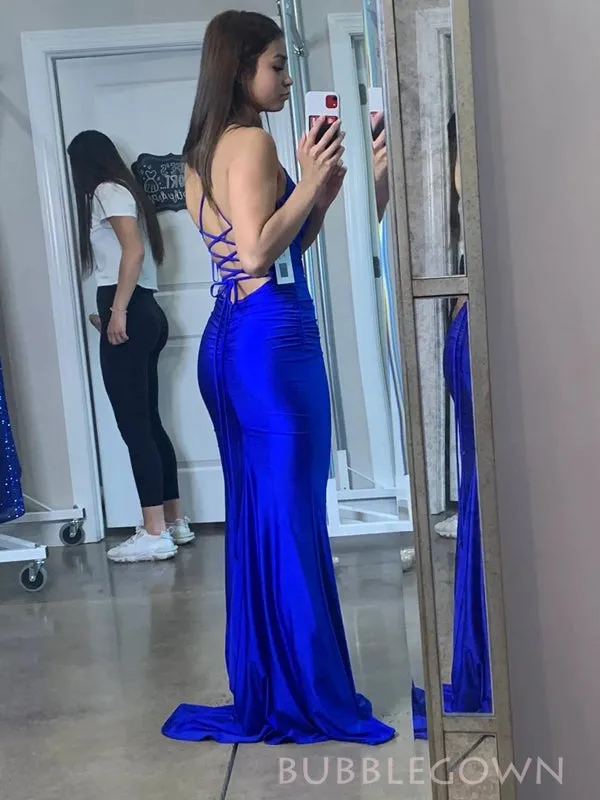 Simple V-neck Royal Blue Mermaid Long Prom Dresses, BGS0455