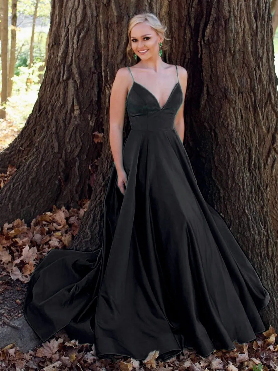 Simple v neck satin long prom dress green tulle formal dress