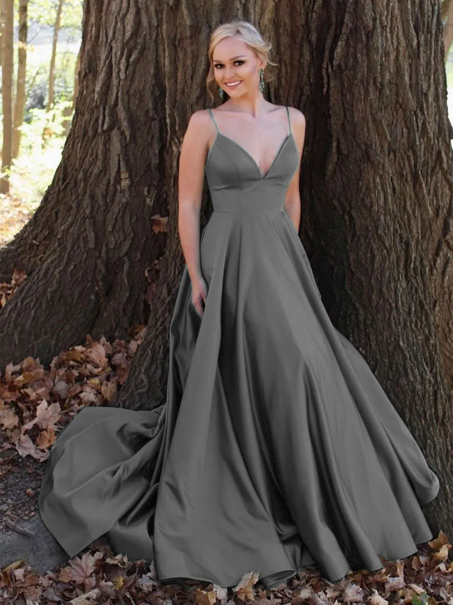 Simple v neck satin long prom dress green tulle formal dress