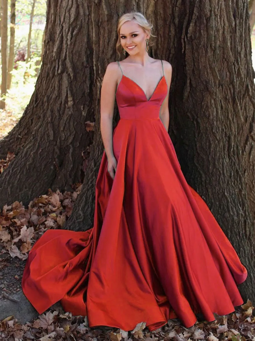 Simple v neck satin long prom dress green tulle formal dress