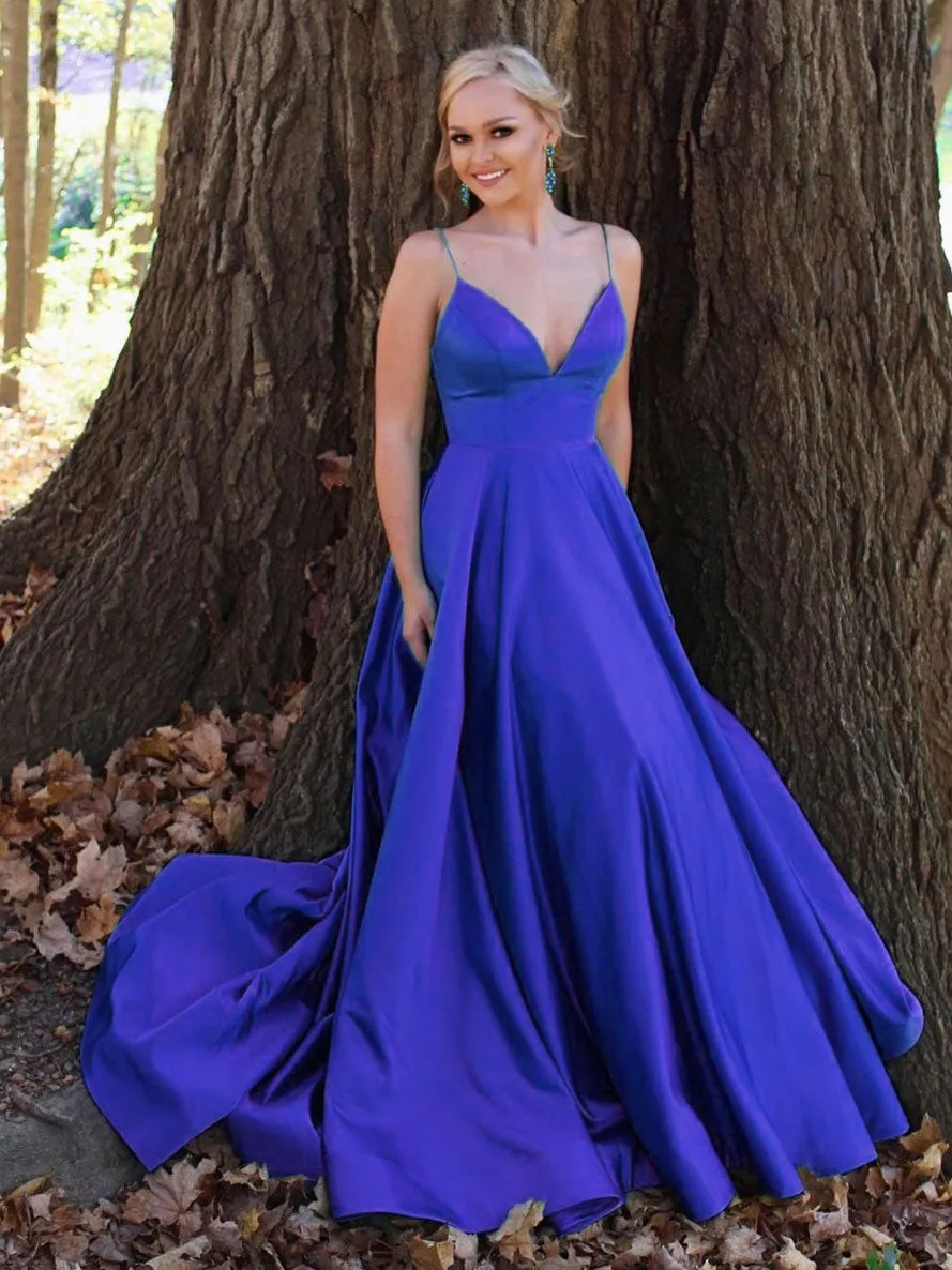 Simple v neck satin long prom dress green tulle formal dress