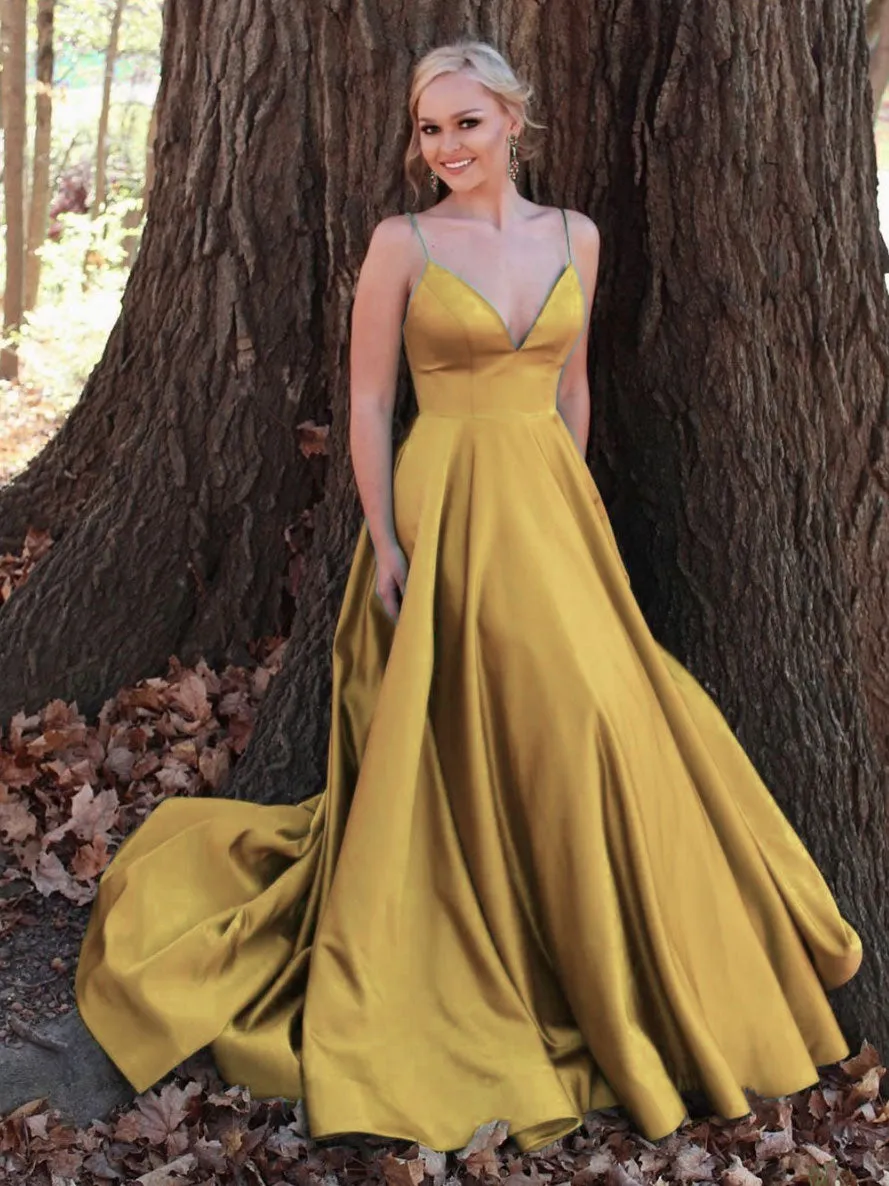 Simple v neck satin long prom dress green tulle formal dress