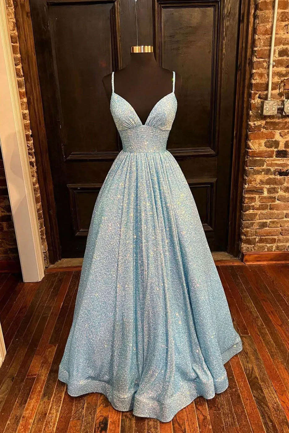 Simple V Neck Sequin Long Prom Dress A Line Formal Evening Dress OK1244