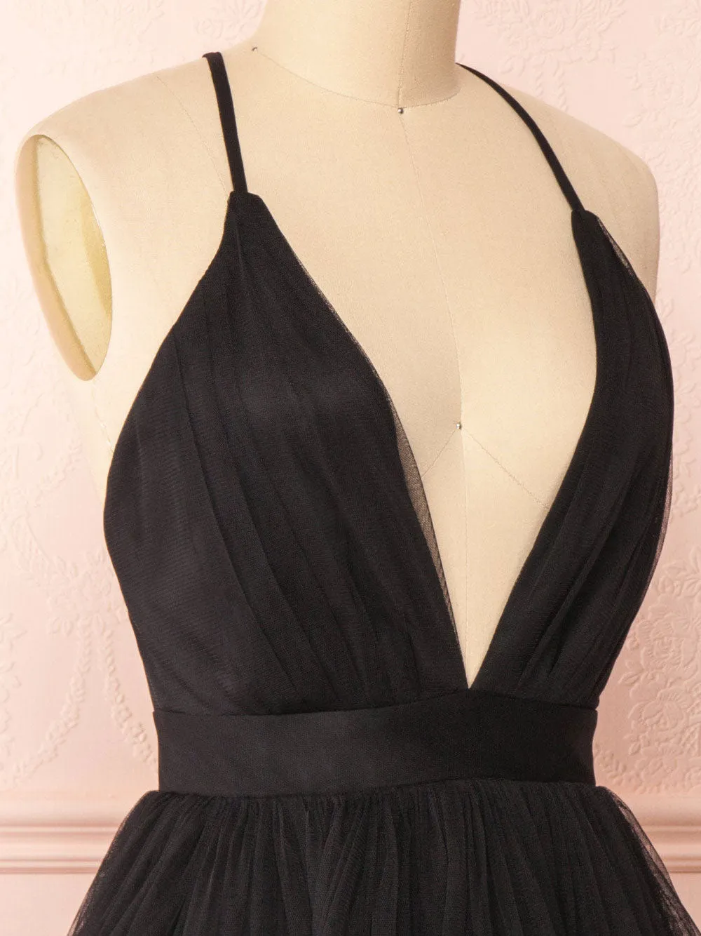 Simple v neck short black prom dress, black evening dress