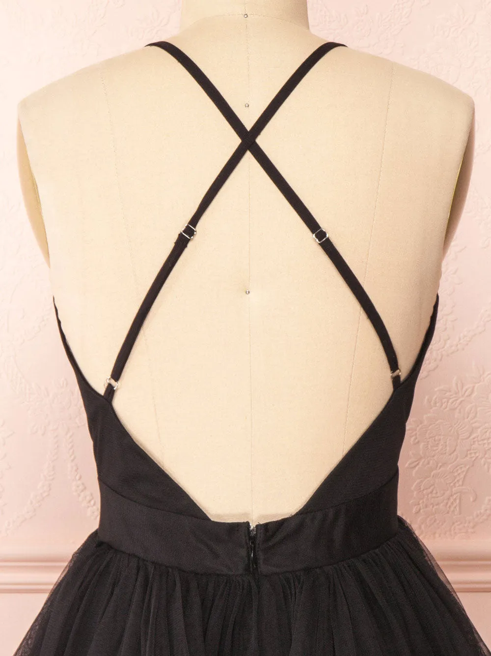 Simple v neck short black prom dress, black evening dress