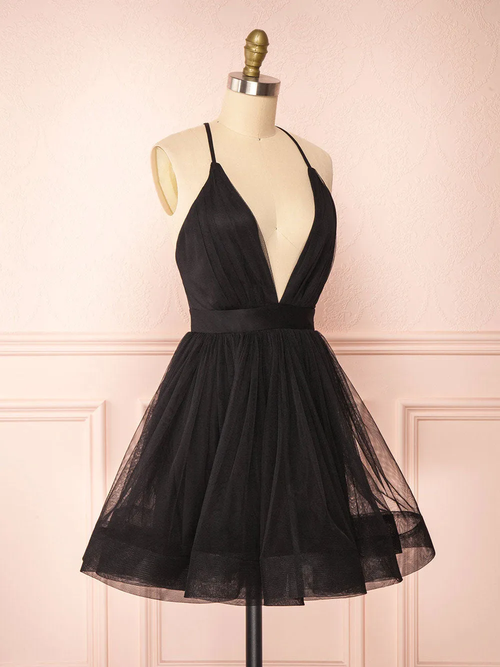 Simple v neck short black prom dress, black evening dress