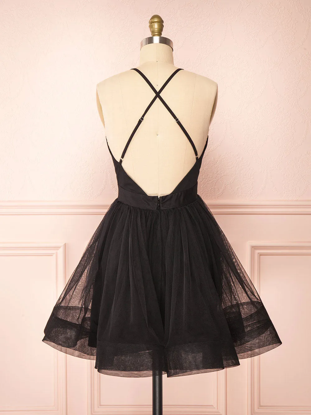 Simple v neck short black prom dress, black evening dress