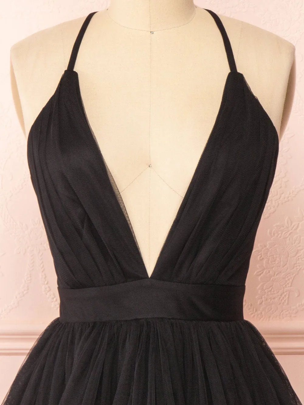 Simple v neck short black prom dress, black evening dress
