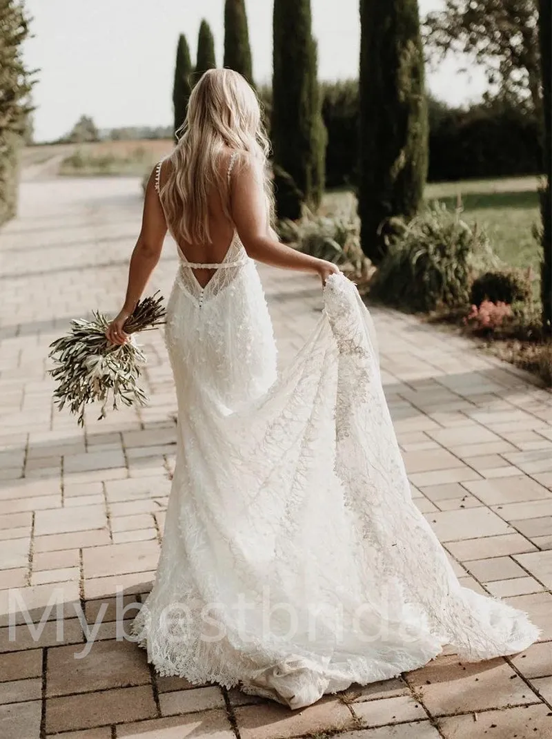 Simple V-neck Sleeveless Mermaid Lace applique Wedding Dresses, WDY0224