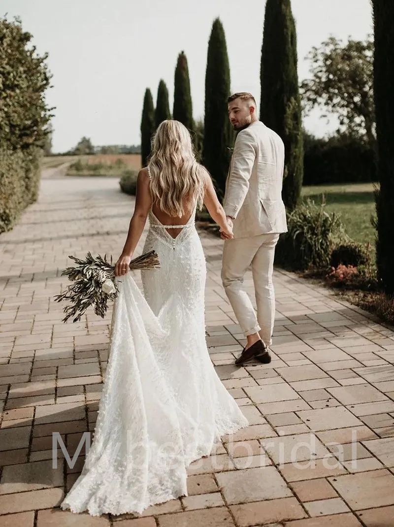 Simple V-neck Sleeveless Mermaid Lace applique Wedding Dresses, WDY0224