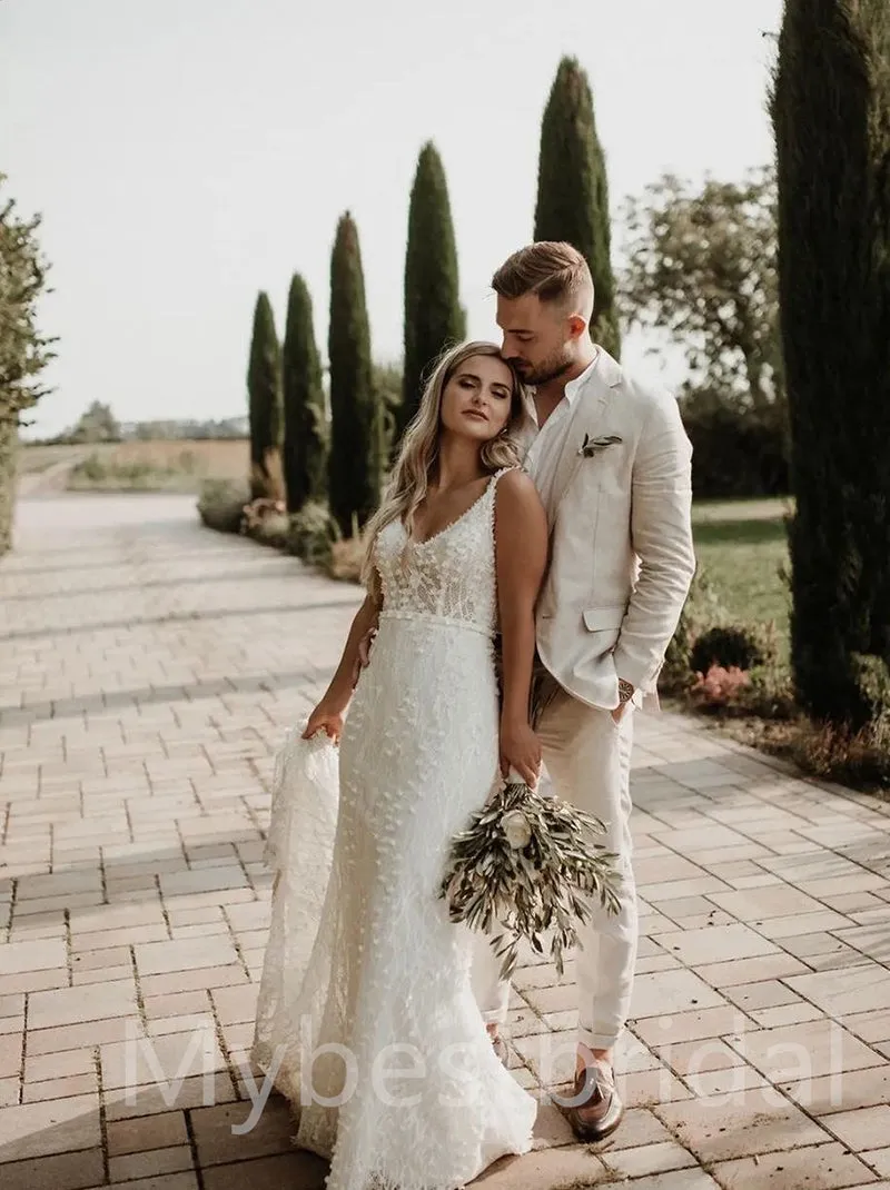 Simple V-neck Sleeveless Mermaid Lace applique Wedding Dresses, WDY0224