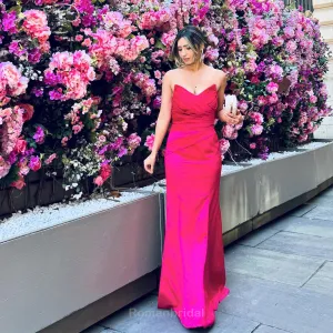 Simple V-neck Sleeveless Mermaid Long Fuchsia Satin Bridesmaid Dresses Online, BG447
