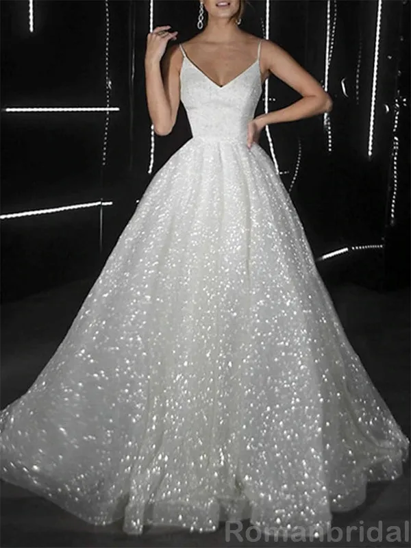 Simple V-neck Spaghetti Straps A-line Evening Prom Dress Online, OL073