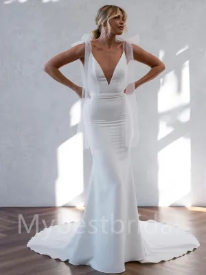 Simple V-neck Spaghetti straps Mermaid Open back Wedding Dresses, WDY0219